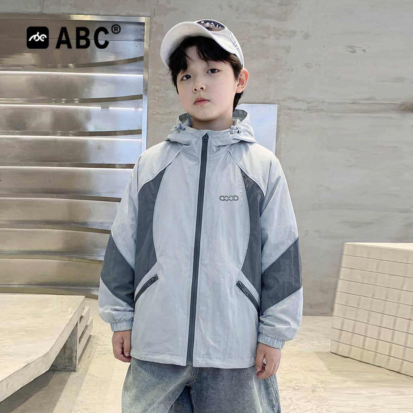 ABC男童夏季皮肤衣2026新款轻薄防晒户外上衣男孩拼色连帽防晒衣
