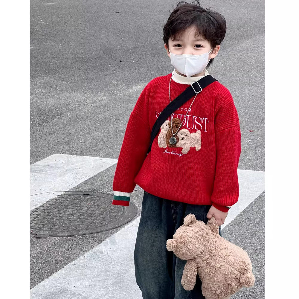 英国DHWA儿童红色毛衣圣诞男童冬装卡通小狗针织衫喜庆年服宝宝潮