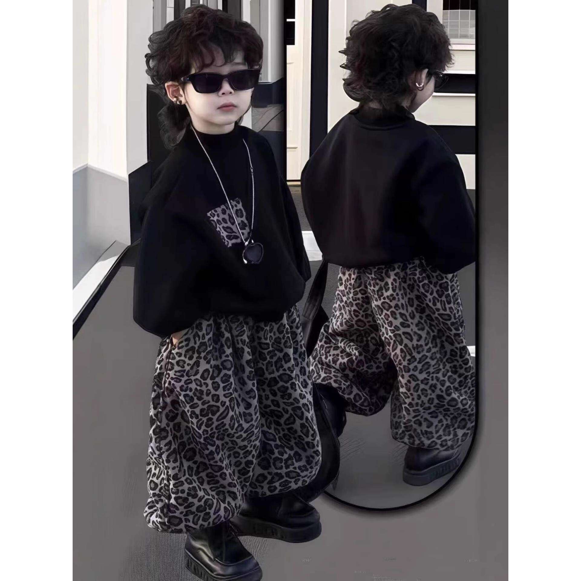 儿童卫衣套装2026秋季新款豹纹洋气男童圆领卫衣卫裤两件套