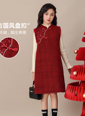 英国next ttat女童国风套装裙冬季儿童新年红色连衣裙女孩公主裙