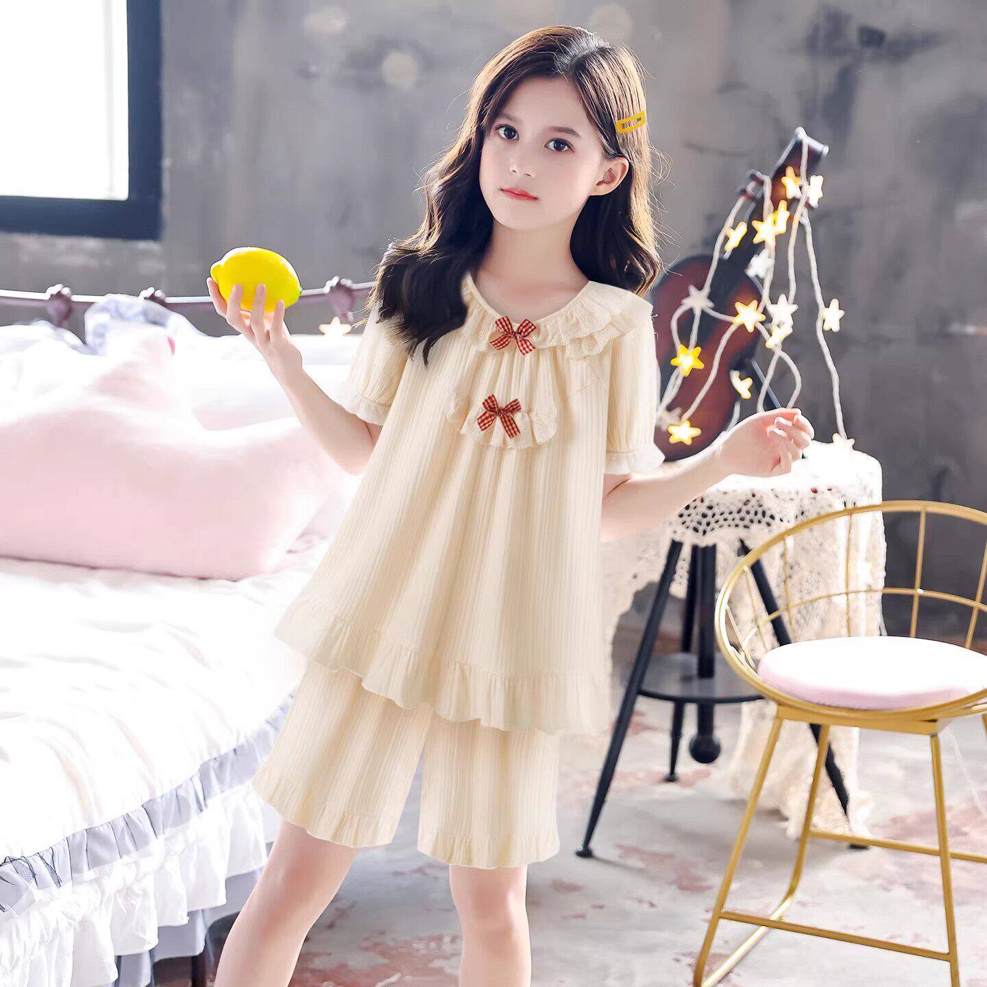 法国Uamtor女童睡衣夏季2026新款短袖公主风纯棉大童可外穿家居服