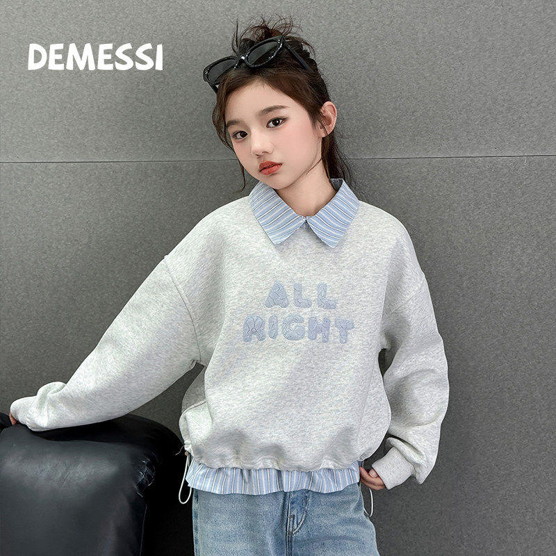韩国DEMESSI女童加绒卫衣秋冬2025新款儿童女孩假两件POLO衫套装