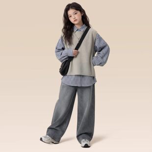 英国MDCW女童套装春款2026新款儿童衣服大童春装毛衣马甲三件套