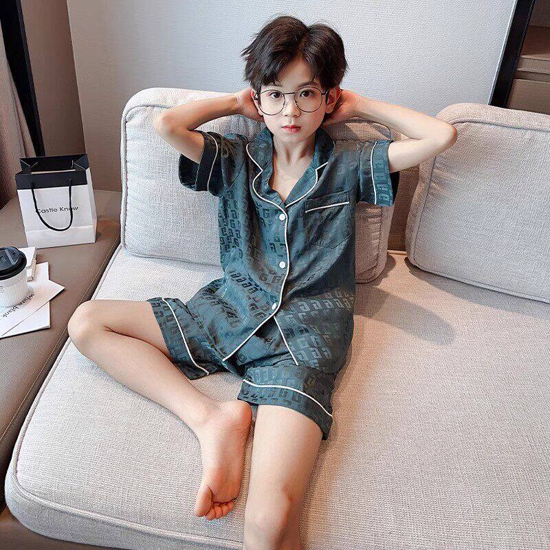 法国Uamtor男童睡衣夏季套装2025新款空调服男孩冰丝短袖家居服潮