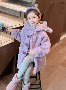 英国next ttat女童加绒羊羔绒外套秋冬儿童中长款加厚宝宝毛毛衣