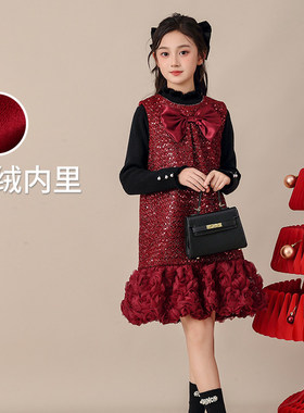 英国next ttat女童连衣裙秋冬季红色礼服儿童套装新年女孩公主裙