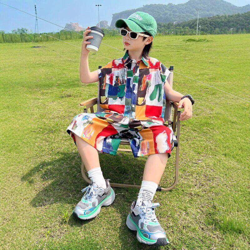 法国BADNUT男童套装夏季2025新款儿童短袖衬衫大童涂鸦两件套