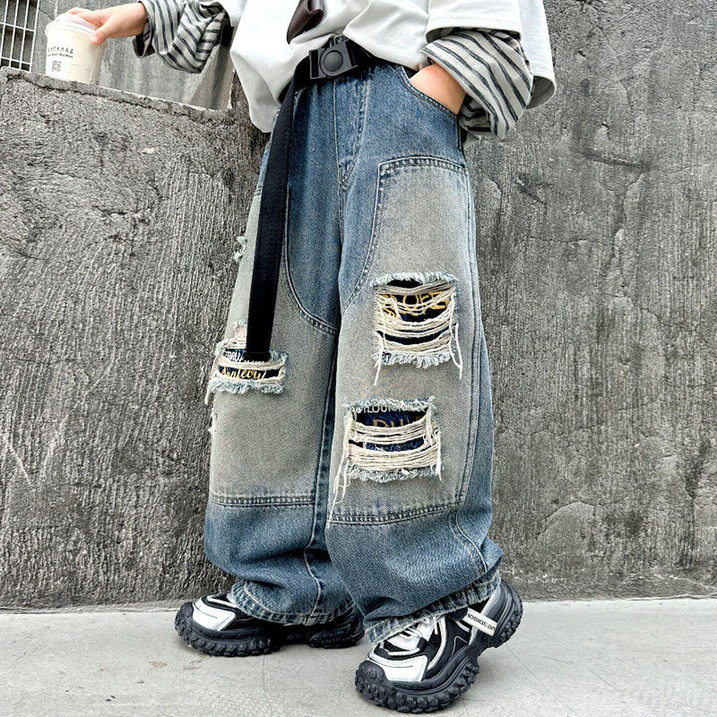 法国BADNUT男童裤子春秋2026新款儿童宽松直筒大童帅气破洞牛仔裤