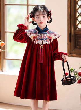 英国next ttat女童新中式连衣裙洋气儿童红色丝绒裙小女孩拜年服