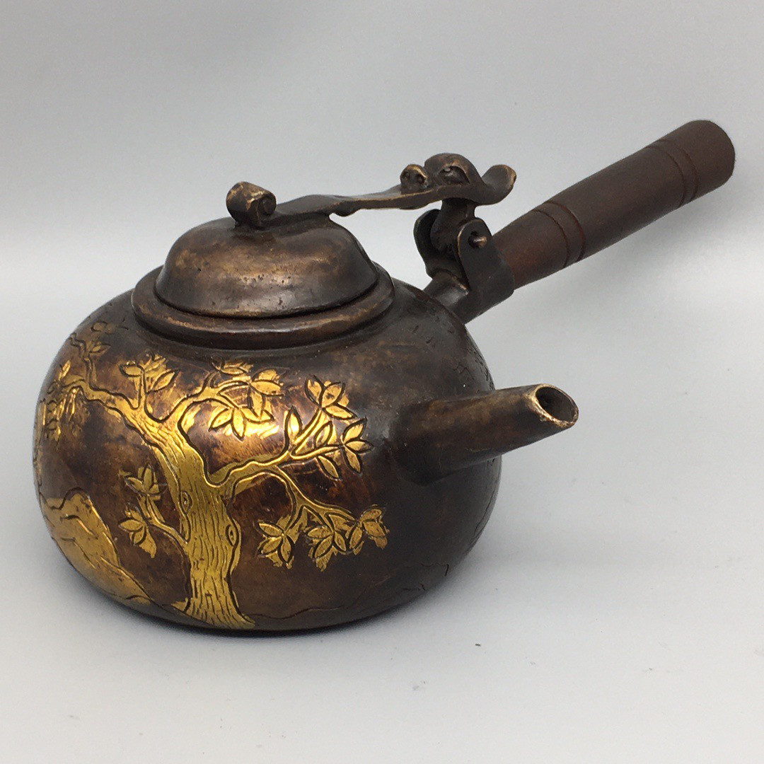 日本二手回流高岗铜器 纯手工打造鎏金茶道茶壶酒壶 古董古玩收藏