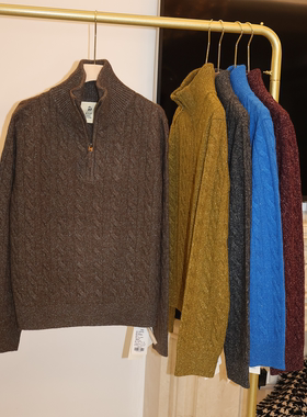 老钱休闲拉链立领J家真丝羊绒5针扭绳绞花套头针织上衣36722