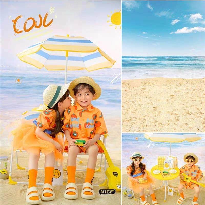 夏日沙滩商拍大海室内海滩影楼儿童婚纱摄影背景布影棚室内海景图