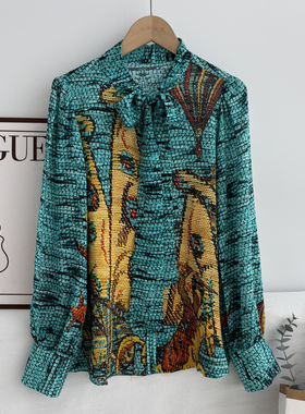 桑蚕丝  夏季新款时尚系带领蟒纹印花真丝上衣9A4/75429