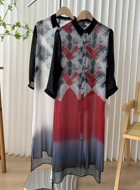 桑蚕丝 早秋新款涂鸦印花单排扣调节袖前短后长纱裙8C2/85232