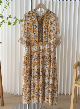 杭州丝绸 桑蚕丝 夏季新款波西米亚风印花真丝连衣裙1E1/85014