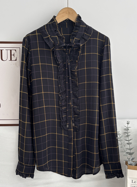 桑蚕丝  夏季新款时尚系绳木耳边显瘦格子真丝衬衫8F4/75167