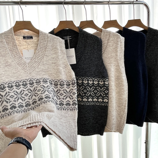 日单小众！绵羊毛混纺日系复古民族风加厚V领针织衫毛衣马甲坎肩
