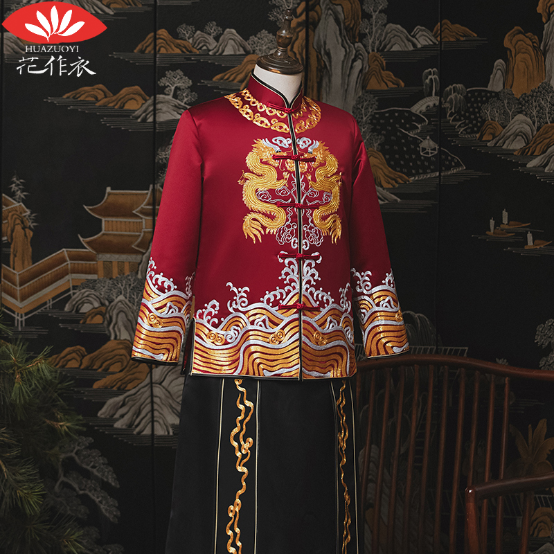 秀禾服新郎2020新款唐装男龙凤褂秀和服男装中式结婚礼服黑色马褂