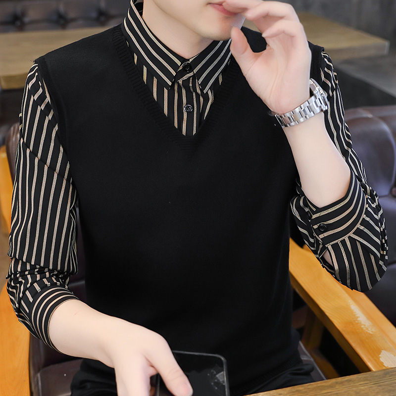 衬衫领毛衣男士假两件秋冬潮流条纹衬衣搭配针织马甲V领打底0921e