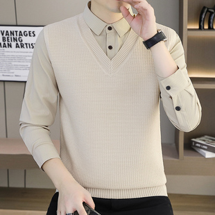 假两件毛衣衬衫 新款 拼接线衣马甲商务休闲鸡心带1013n 男士 秋冬季