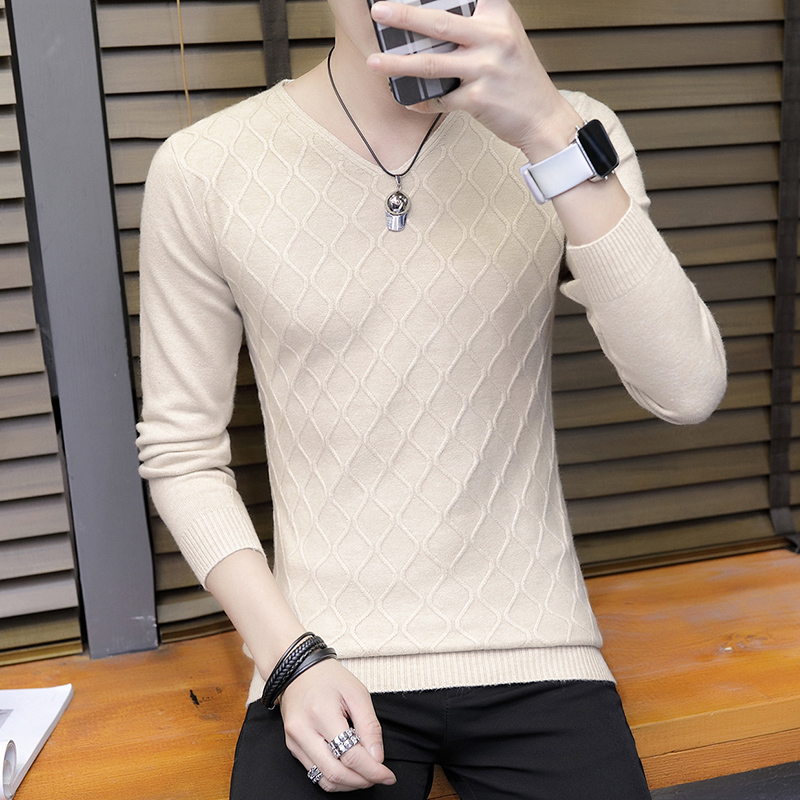 秋冬V领毛衣男士款时尚纯色线衣韩版修身潮流帅气针织打底衫0921e