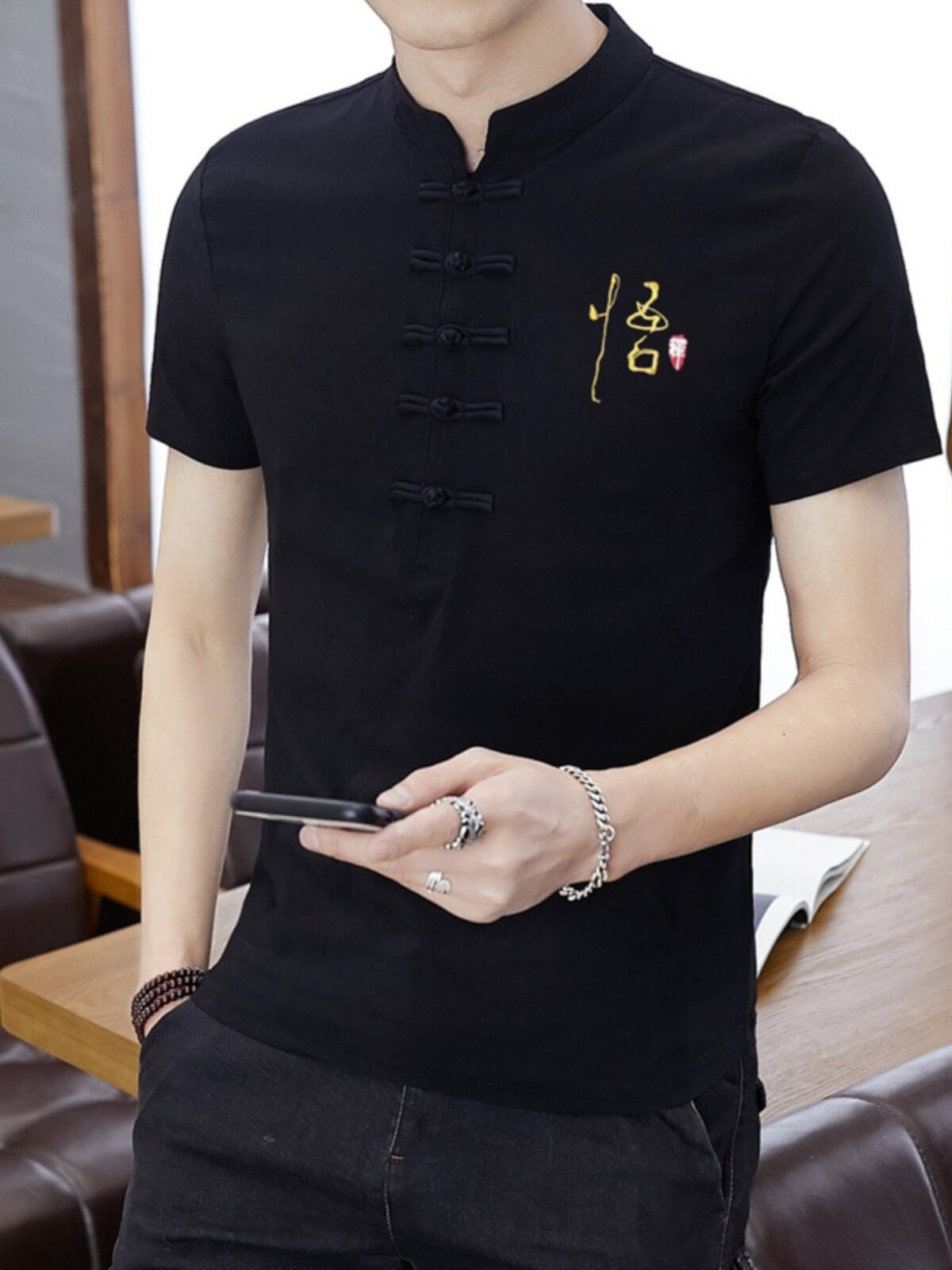 SUMMER MENS COTTON AND LINEN SHORT SLEEVE STAND COLLAR WHITE DISC BUCKLE TANG DRESS YOUTH LINEN LOOSE LARGE SIZE T-SHIRT EMBROIDERED HANFU