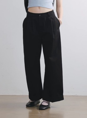 棉质双褶阔腿黑色九分休闲裤 LAUGH OUT LOUD