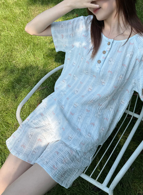 米图100%纯棉纱 柔软婴儿棉家居服圆领夏薄款睡衣女短袖短裤/长裤