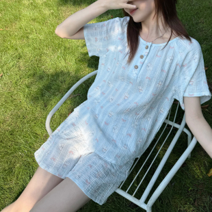 长裤 米图100%纯棉纱 短裤 睡衣女短袖 柔软婴儿棉家居服圆领夏薄款