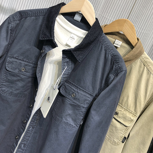 衬衣外套翻领纯棉口袋底特律风衬衫 美式 男士 复古撞色拼接春季 工装