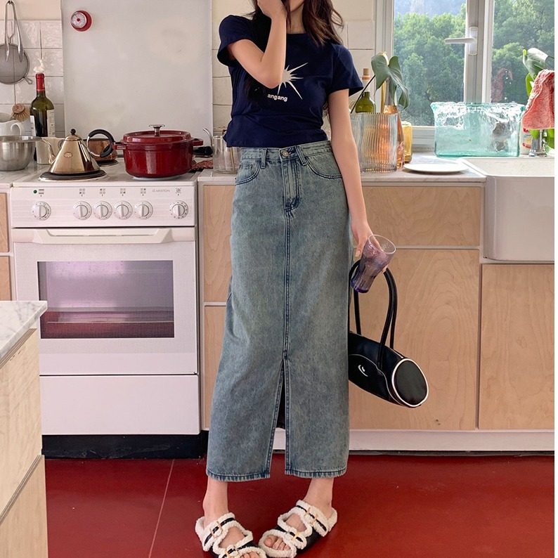 敢小姐实拍2026春夏新款水洗蓝高腰三粒扣设计开叉牛仔半身裙女,女装/女士精品,半身裙,淘宝优惠券,粉丝福利购,淘宝优惠卷