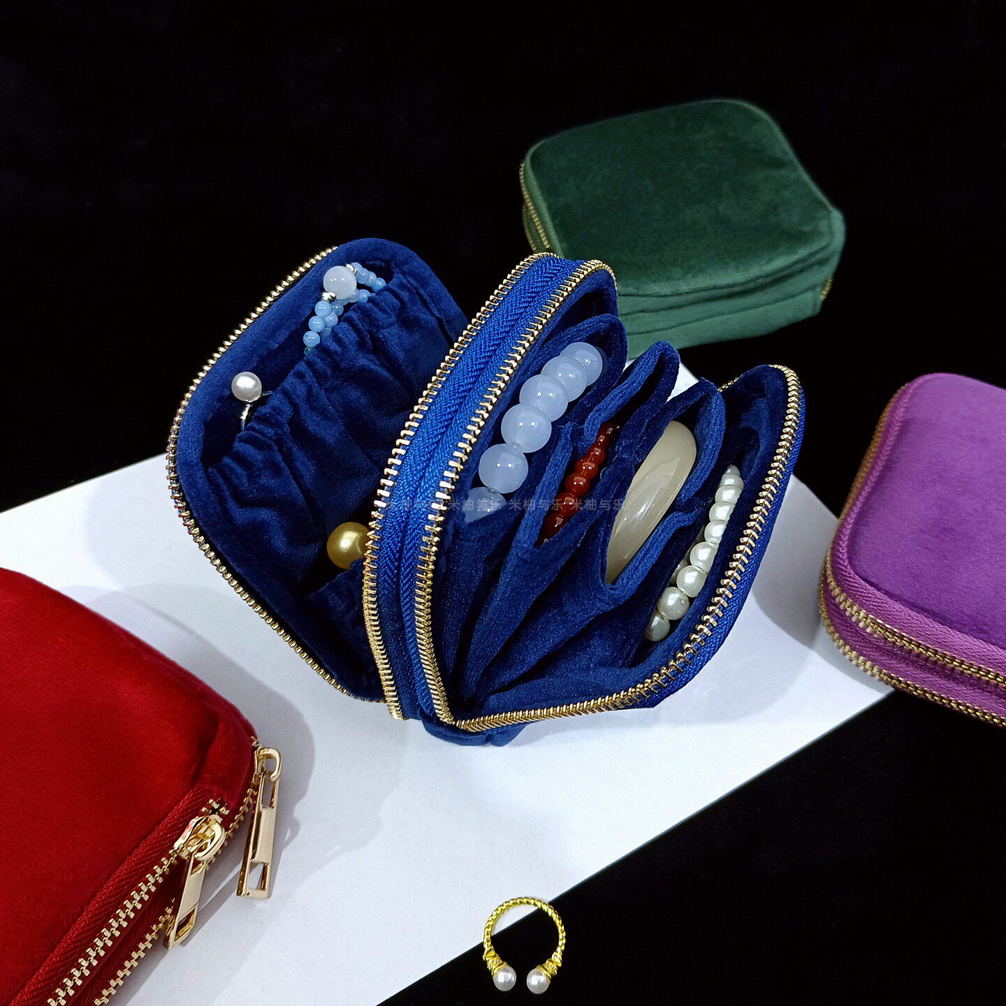 高级感奢绒多层首饰包高端多口袋夹层水晶手链串收纳拉链精美布袋