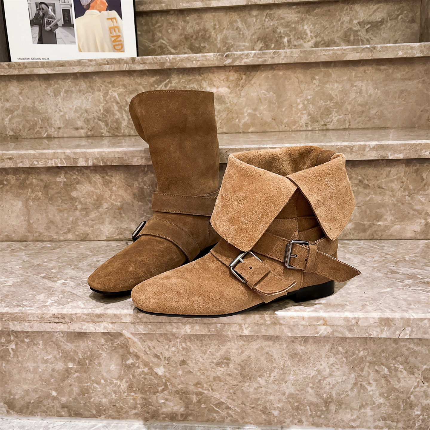 磨砂真皮尖头金属扣小众辣妹西部牛仔短靴翻领两穿马丁机车靴女鞋