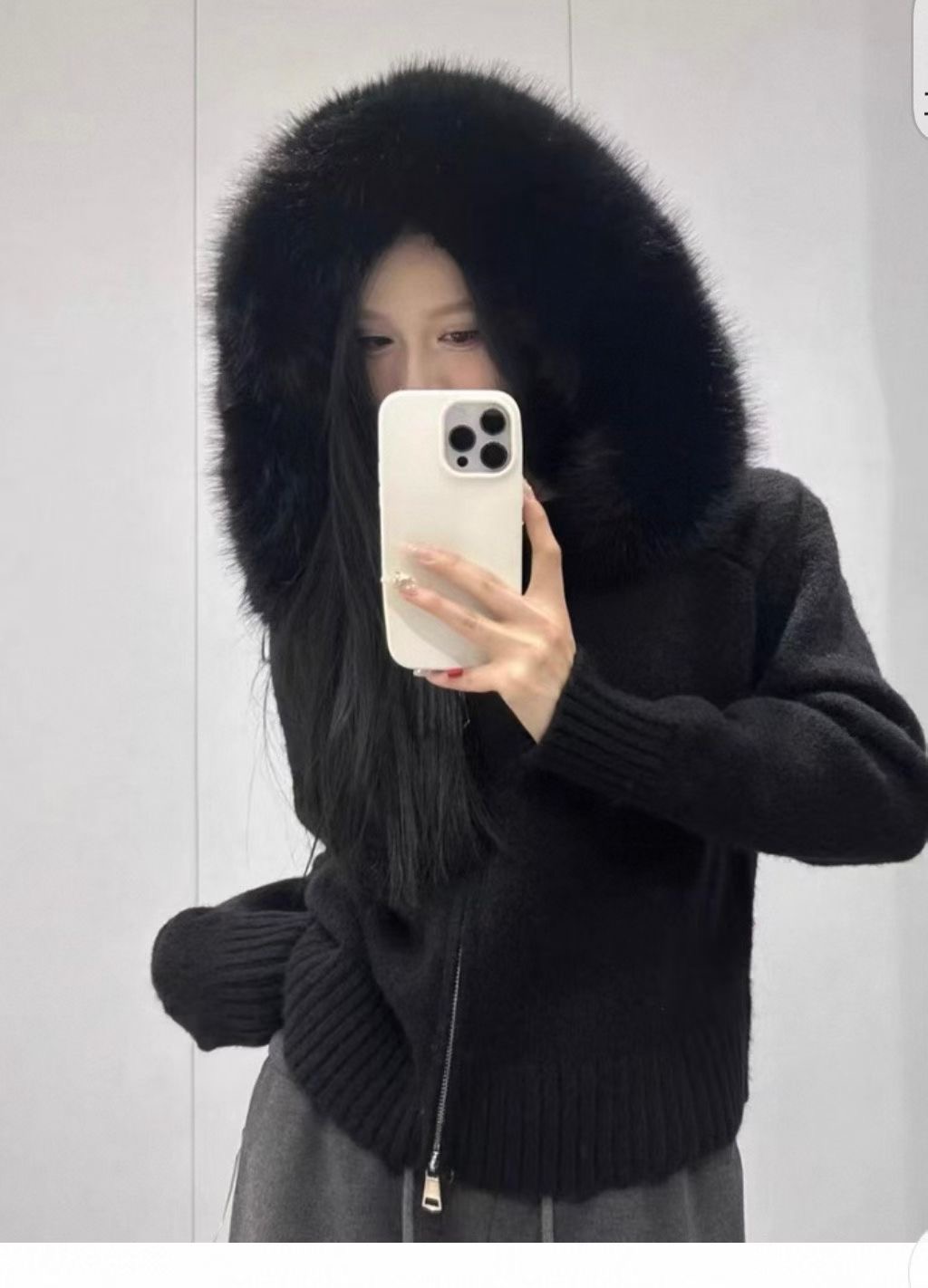 韩国chic秋冬复古气质宽松休闲百搭长袖大毛领连帽针织毛衣外套女