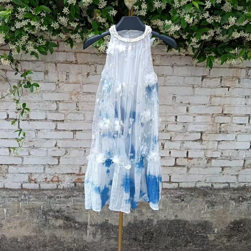 夏云南民族风手工扎染连衣裙立体剪裁合体儿童裙蓝白棉麻舒适长裙