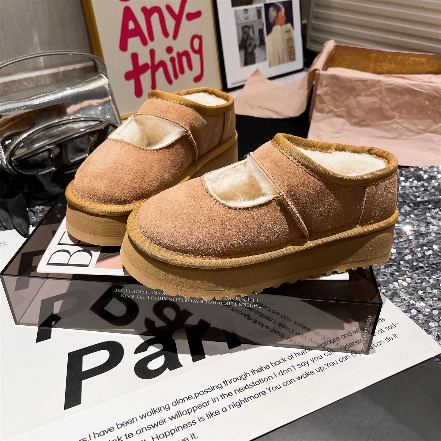 欧货真皮羊羔毛毛鞋一字厚底松糕玛丽珍包头半拖鞋外穿凉鞋托女鞋