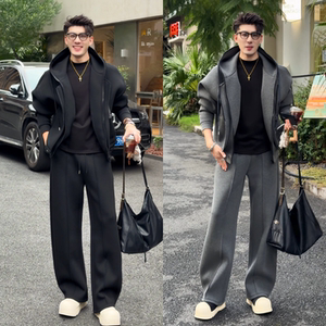 韩版高级感秋季假两件男士运动廓形套装秋冬时尚潮流连帽外套长裤
