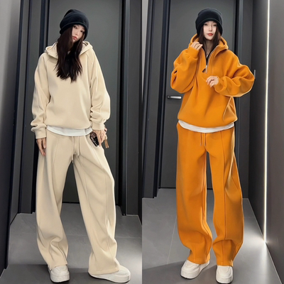 韩版潮流半拉链连帽加厚男女同款运动套装冬季时尚重磅高品质长裤