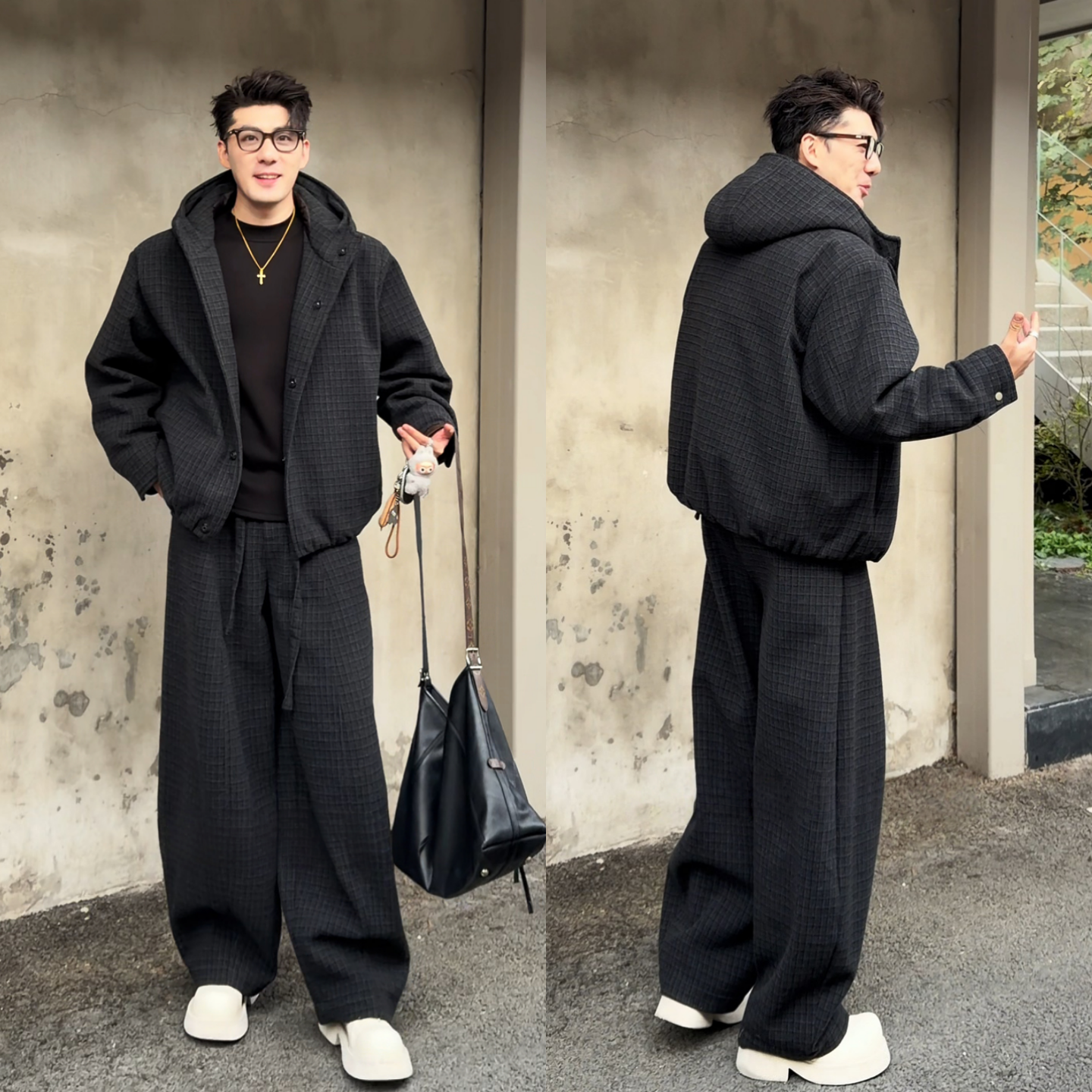 韩版冬季厚款小众高级感格子时尚夹克套装男复古潮流百搭外套长裤