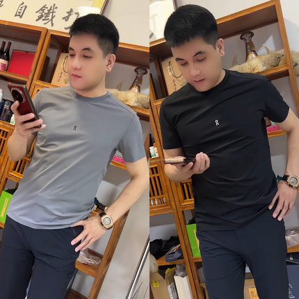 高品质男士夏季纯色凉感弹力短袖T恤户外健身运动透气网眼半袖潮