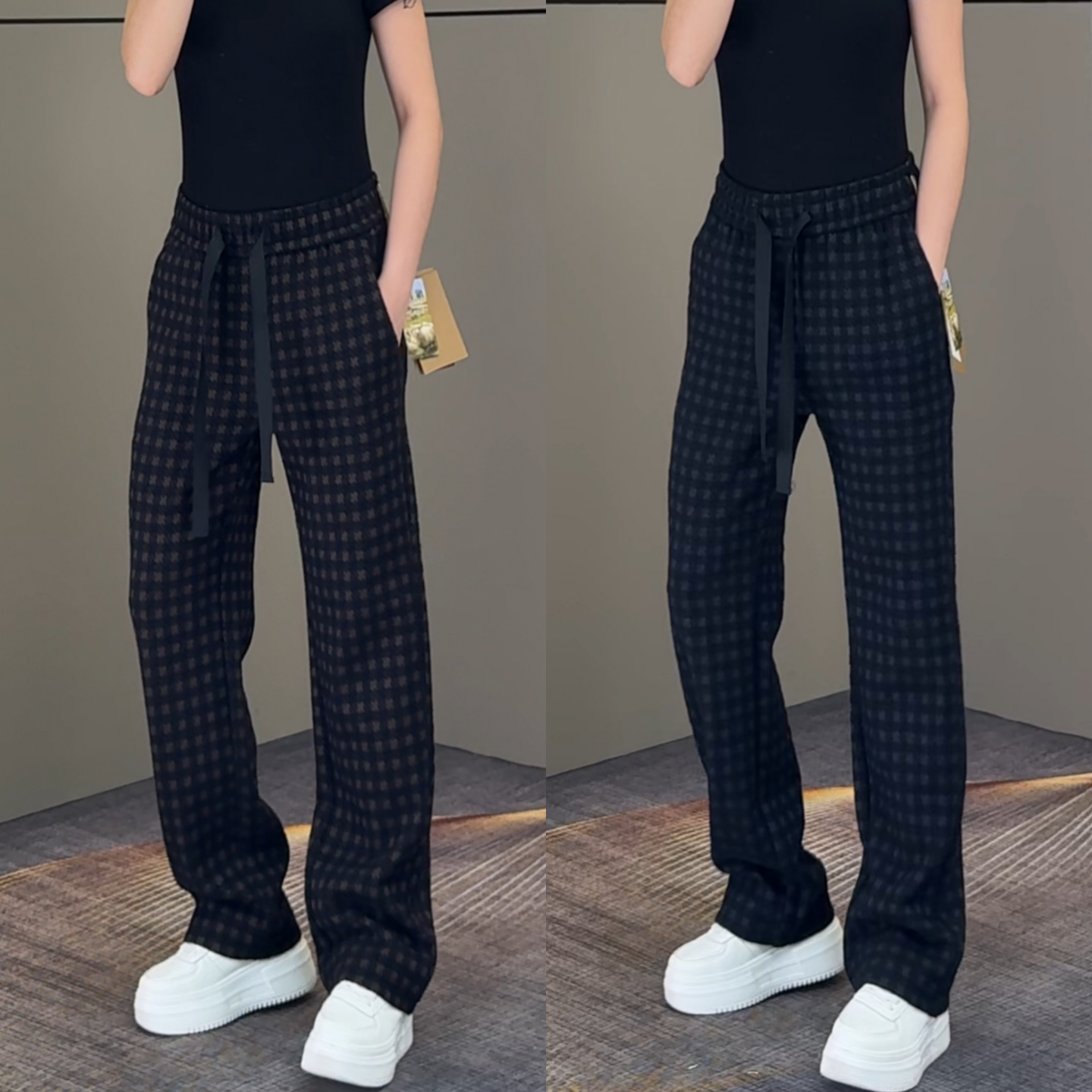男女同款时尚潮流棋盘格直筒裤秋季男士百搭松紧腰系绳休闲长裤潮