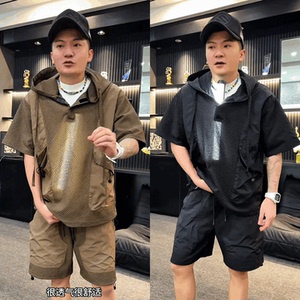 韩版夏季新款轻薄潮牌拼接连帽套装男女款时尚休闲短袖短裤高品质