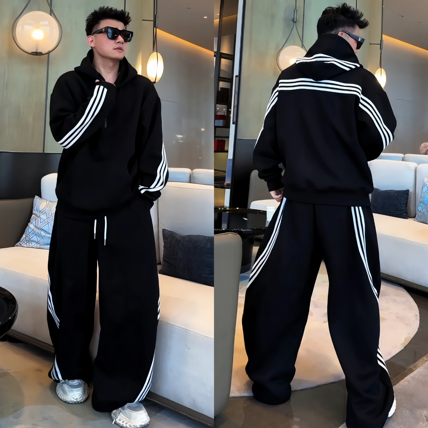 韩版高级感男士运动休闲套装秋季三条杠拼接卫衣长裤两件套情侣款