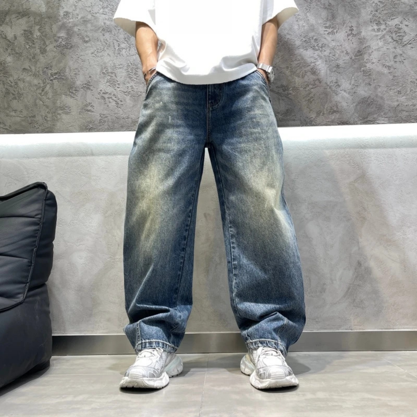 美式复古水洗牛仔长裤男阔腿百搭