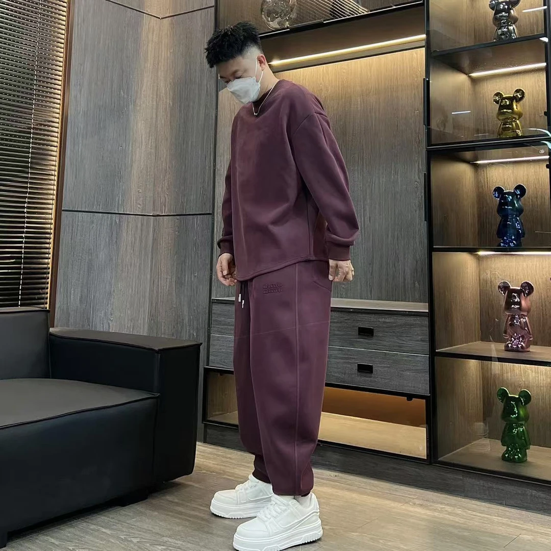 春秋季新款薄绒卫衣长裤休闲潮流时尚百搭宽松男士纯色套装两件套