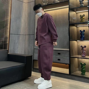純色套裝 春秋季 兩件套 百搭寬松男士 休閑潮流時尚 新款 薄絨衛衣長褲