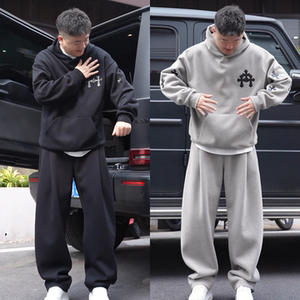 主播同款秋季时尚贴皮十字花设计直筒卫裤连帽卫衣运动男女款套装