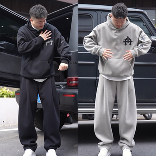 秋季 套装 时尚 连帽卫衣运动男女款 贴皮十字花设计直筒卫裤 主播同款