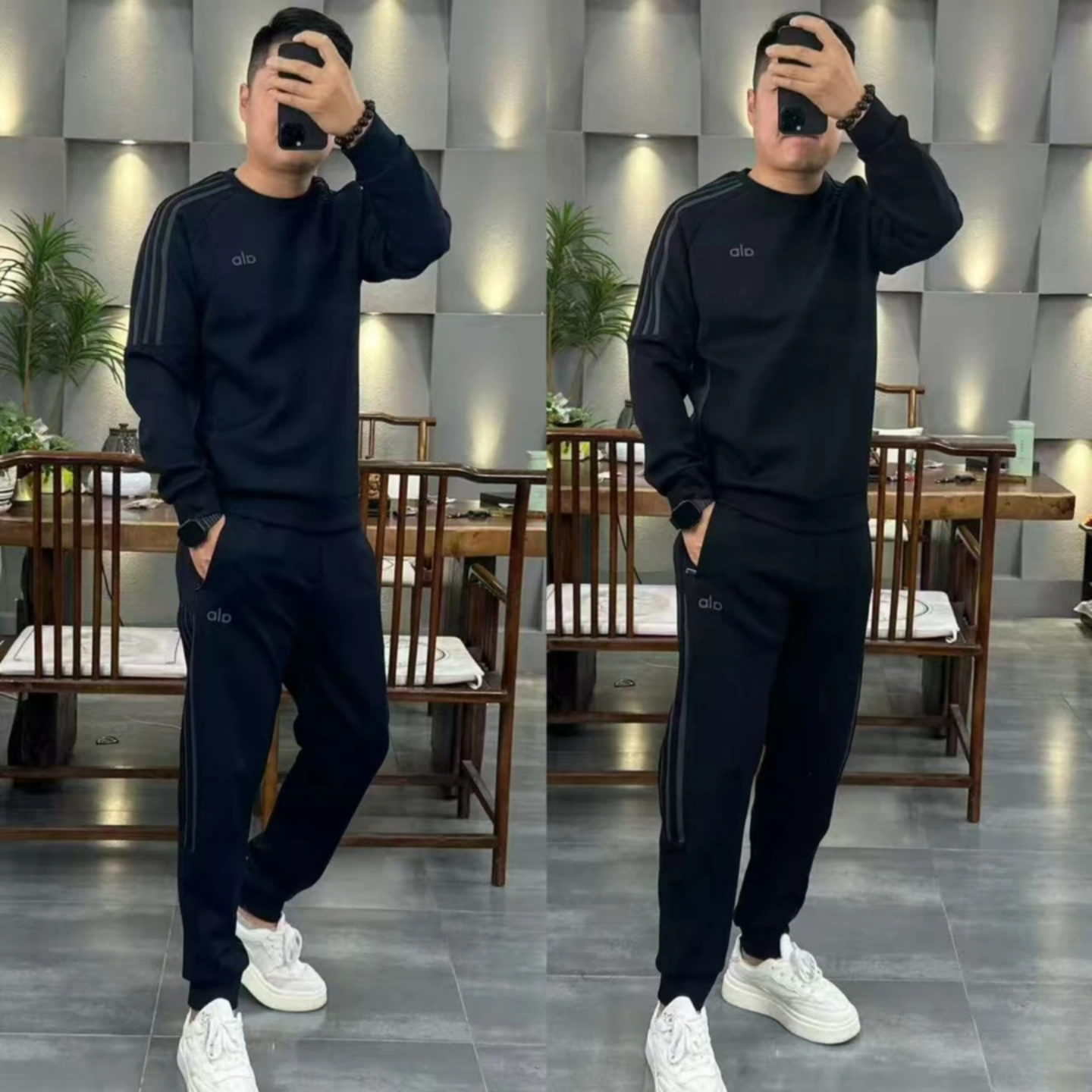 高品质秋季新款运动套装男士束脚裤卫衣三条杠休闲裤两件套男女款