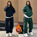 直播同款美式复古条纹加绒卫衣套装男女同款冬季运动休闲两件套潮